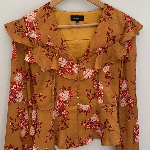 MAJORELLE Broadway V-Neck Ruffle Floral Satin Top Blouse Revolve Size XS - Picture 4 of 14